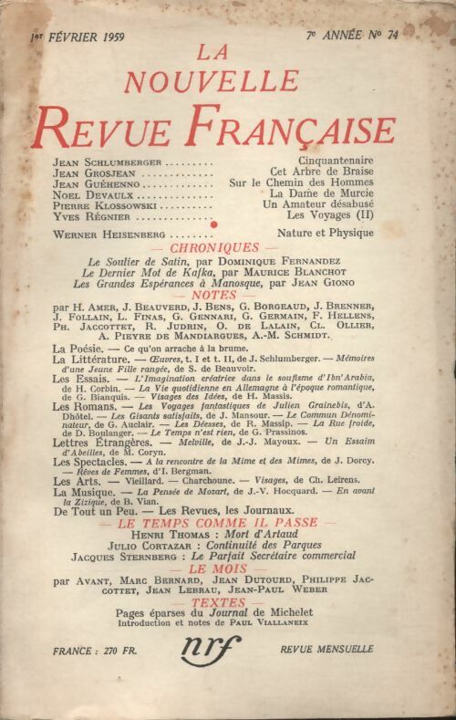 Livrenpoche : La nouvelle revue Française n°74 - Collectif - Livre