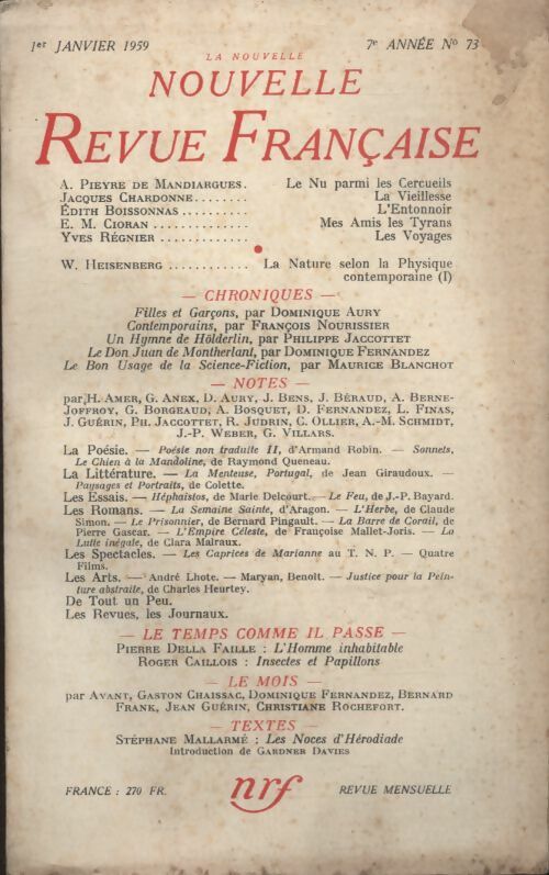 Livrenpoche : La nouvelle revue Française n°73 - Collectif - Livre