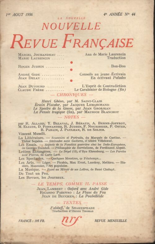 Livrenpoche : La nouvelle revue Française n°44 - Collectif - Livre