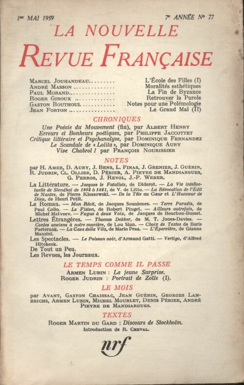Livrenpoche : La nouvelle revue Française n°77 - Collectif - Livre