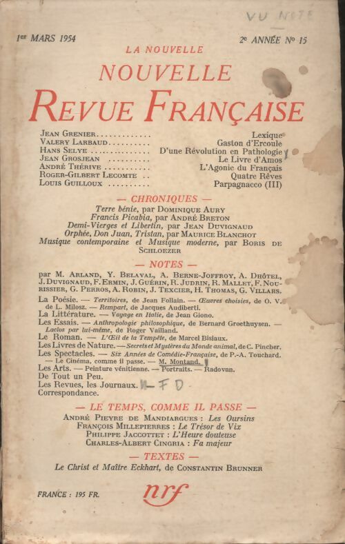 Livrenpoche : La nouvelle revue Française n°15 - Collectif - Livre