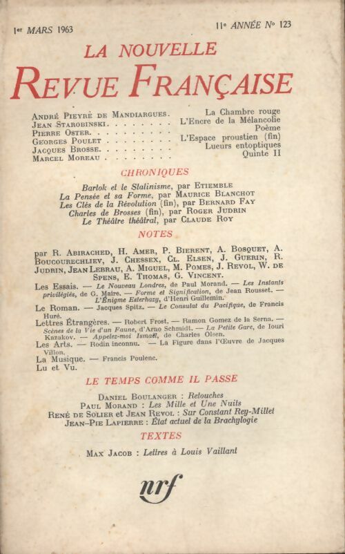 Livrenpoche : La nouvelle revue Française n°123 - Collectif - Livre