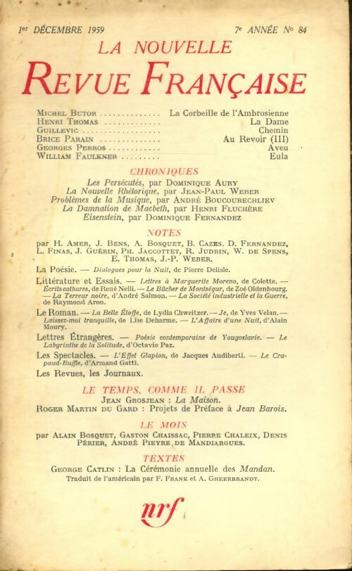 Livrenpoche : La nouvelle revue Française n°84 - Collectif - Livre