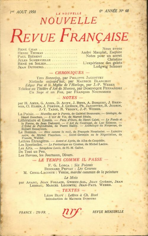 Livrenpoche : La nouvelle revue Française n°68 - Collectif - Livre