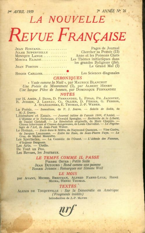 Livrenpoche : La nouvelle revue Française n°76 - Collectif - Livre