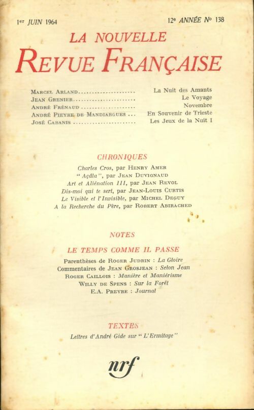 Livrenpoche : La nouvelle revue Française n°138 - Collectif - Livre