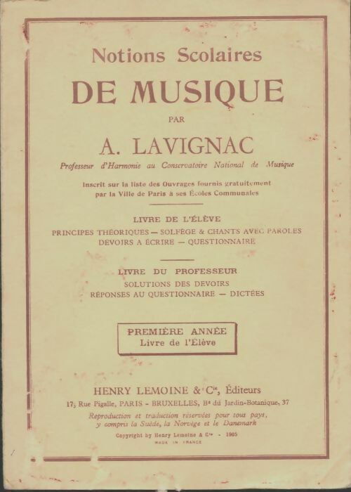 Livrenpoche : Notions scolaires de musique 1ère année  - A. Lavignac - Livre