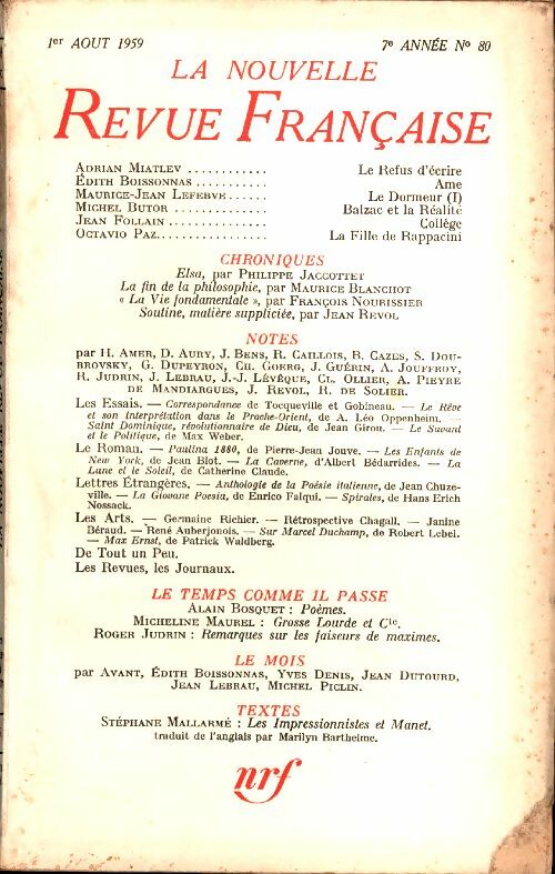 Livrenpoche : La nouvelle revue Française n°80 - Collectif - Livre