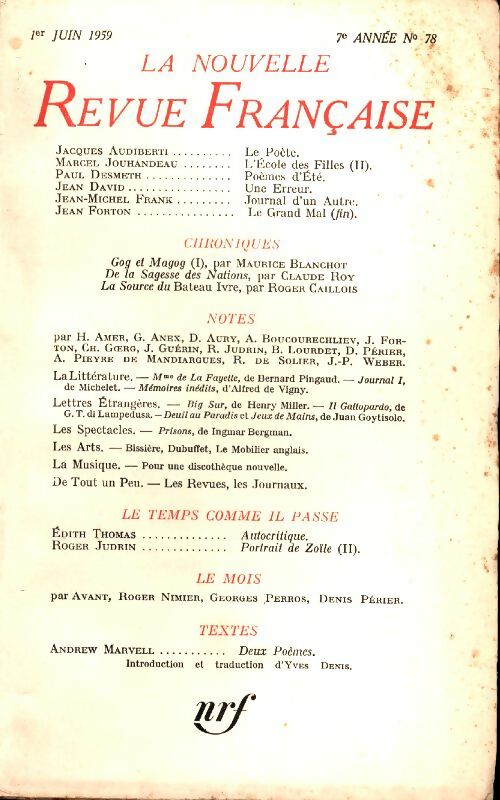 Livrenpoche : La nouvelle revue Française n°78 - Collectif - Livre