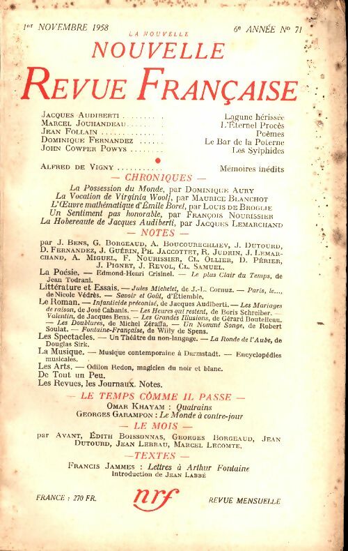 Livrenpoche : La nouvelle revue Française n°71 - Collectif - Livre
