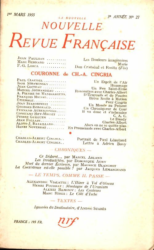 Livrenpoche : La nouvelle revue Française n°27 - Collectif - Livre