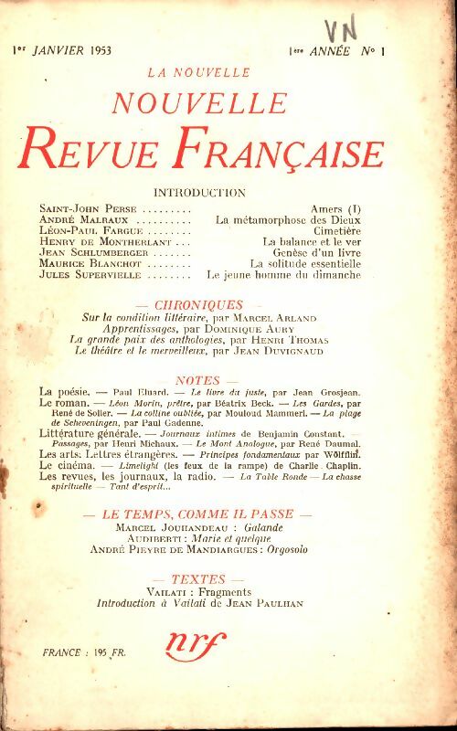 Livrenpoche : La nouvelle nouvelle revue Française n°1 - Collectif - Livre