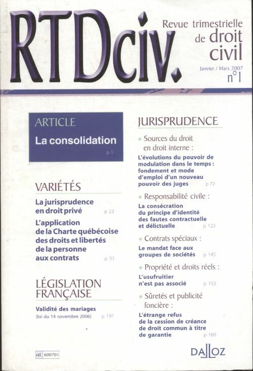 Livrenpoche : RTD civ n°1 / 2007 - Collectif - Livre