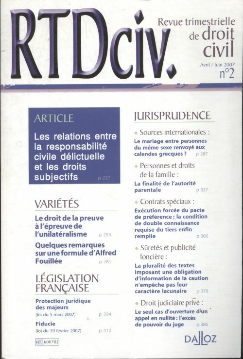 Livrenpoche : RTD civ n°2 / 2007 - Collectif - Livre