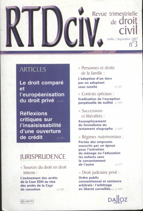 Livrenpoche : RTD civ n°3 / 2007 - Collectif - Livre