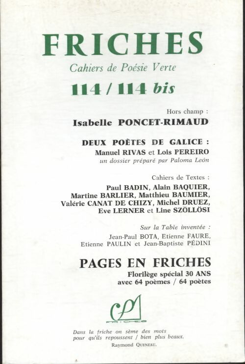 Livrenpoche : Friches n°114/114 bis : Isabelle Poncet-Rimaud - Collectif - Livre