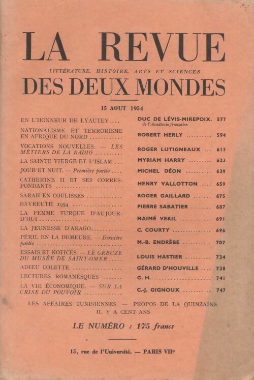 Livrenpoche : Revue des deux mondes août 1954 - Collectif - Livre