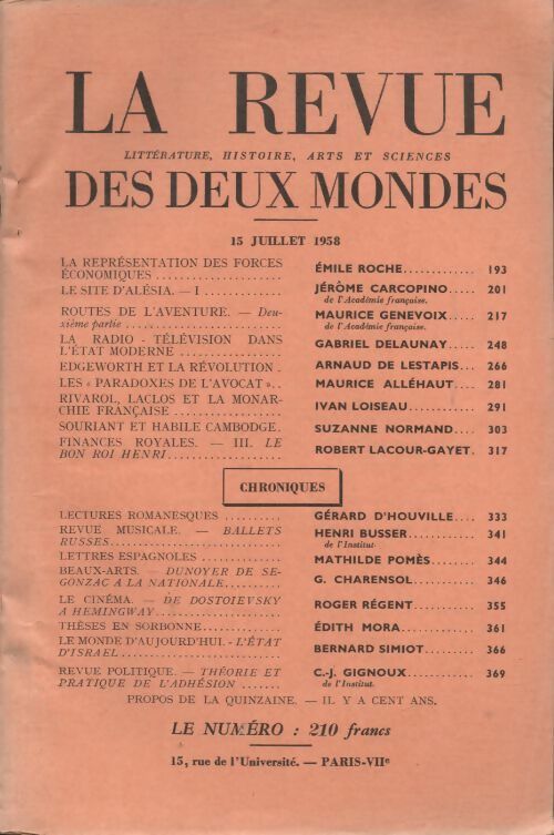 Livrenpoche : Revue des deux mondes juillet 1958 - Collectif - Livre