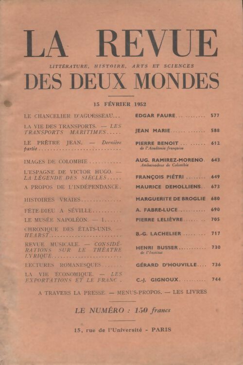 Livrenpoche : Revue des deux mondes février1952 - Collectif - Livre