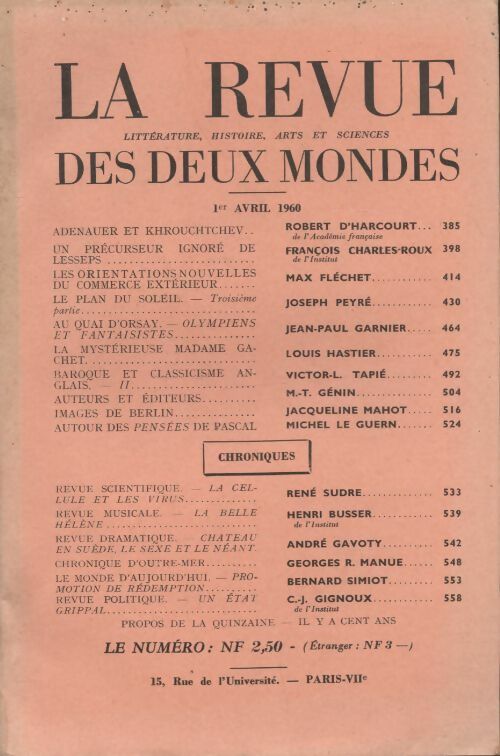 Livrenpoche : Revue des deux mondes n°7 : avril 1960 - Collectif - Livre