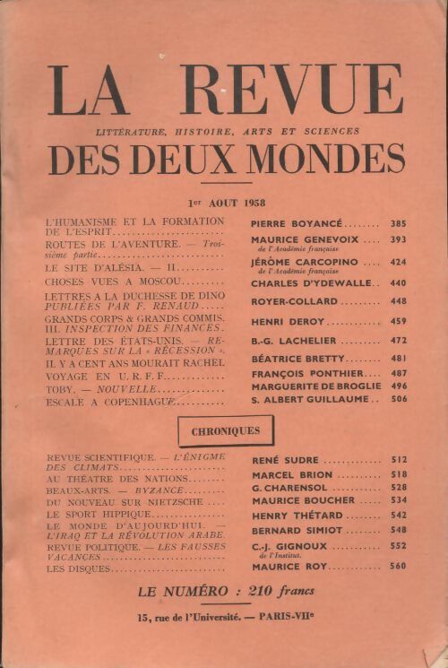Livrenpoche : Revue des deux mondes n°15 :août 1958 - Collectif - Livre
