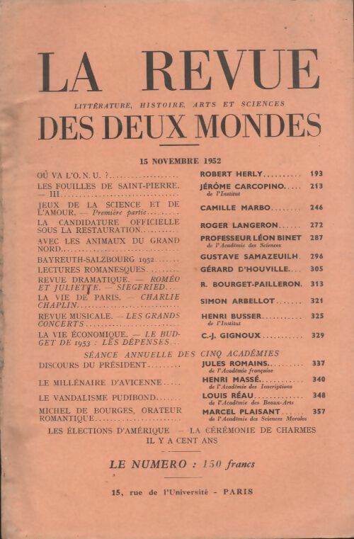 Livrenpoche : Revue des deux mondes n°22 : novembre 1952 - Collectif - Livre