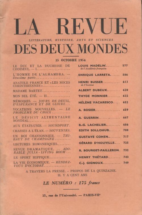 Livrenpoche : Revue des deux mondes n°20 : octobre 1954 - Collectif - Livre