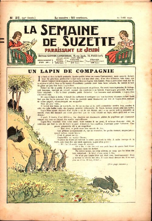Livrenpoche : La semaine de Suzette 33e année n°37 : Un lapin de compagnie - Collectif - Livre