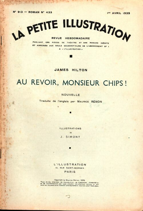 Livrenpoche : La petite illustration n°913 roman n°433 : Au revoir, monsieur Chips ! - Collectif - Livre