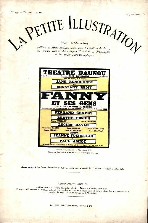 Livrenpoche : La petite illustration n°335 Théâtre n°184 : Fanny et ses gens - Collectif - Livre