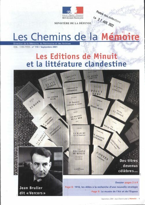 Livrenpoche : Les chemins de la mémoire n°110 : Les éditons de Minuit et la littérature clandestine - Collectif - Livre