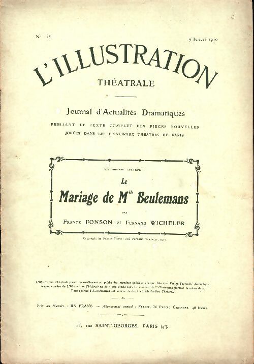Livrenpoche : L'illustration théâtrale n°155 : Le mariage de Mlle Beulmans - Collectif - Livre