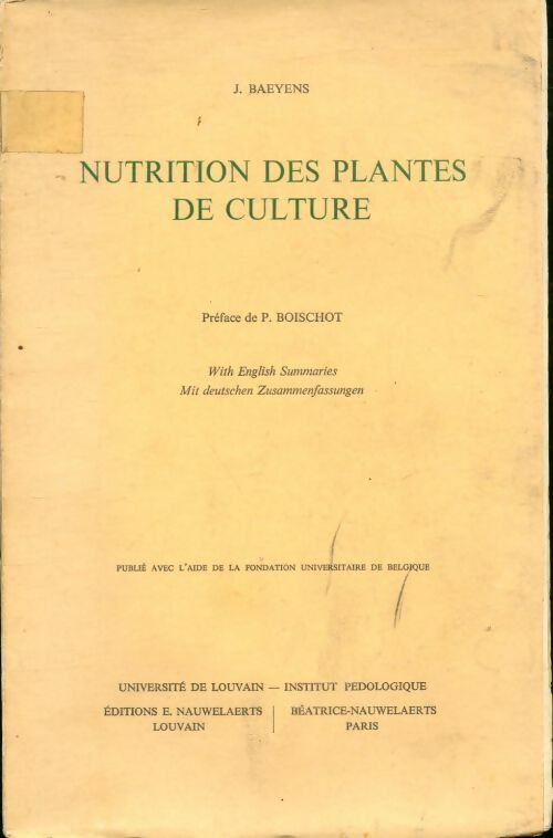 Livrenpoche : Nutrition des plantes de culture - J Baeyens - Livre