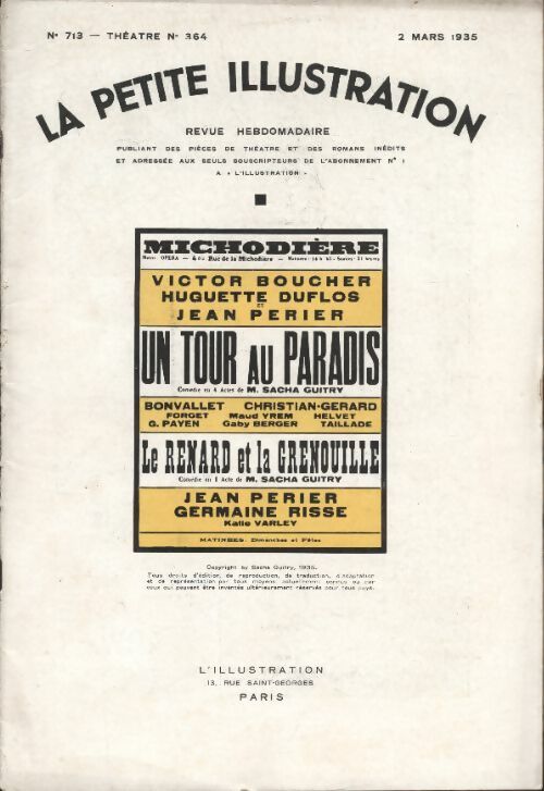 Livrenpoche : La petite illustration n°713 : théâtre n°364 : Un tour au paradis - Collectif - Livre