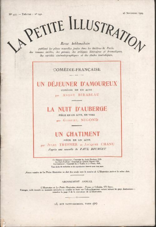 Livrenpoche : La petite illustration n°455 : théâtre n°242 : Un déjeuner d'amoureux / La nuit d'auberge / Un châtiment - Collectif - Livre