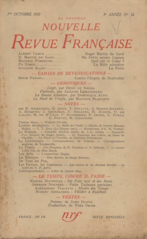 Livrenpoche : La nouvelle revue française n°34 - Collectif - Livre