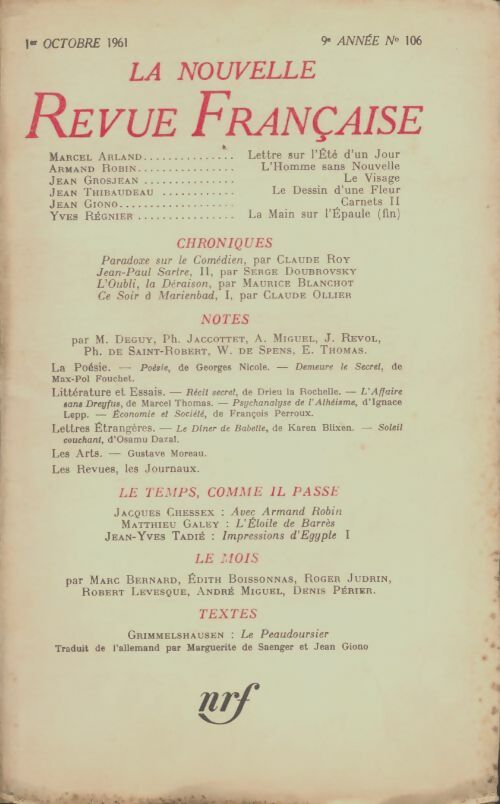 Livrenpoche : La nouvelle revue française n°106 - Collectif - Livre