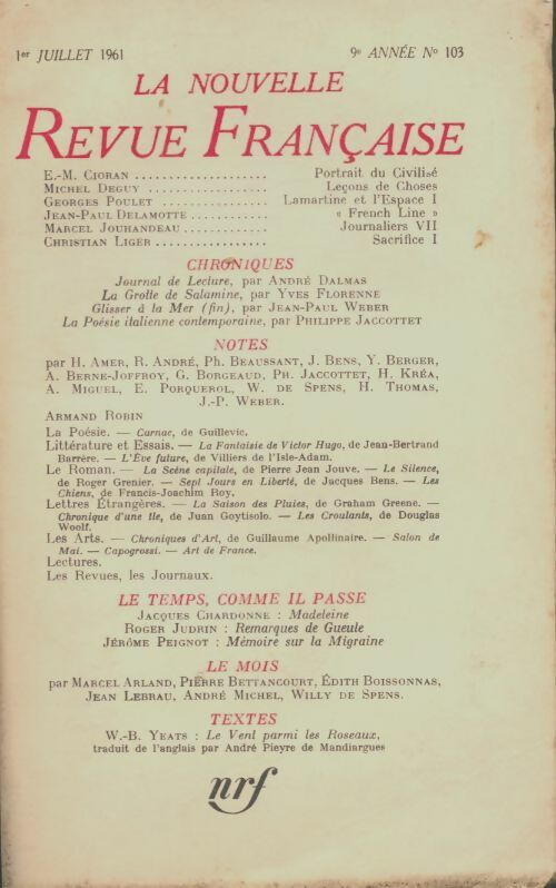 Livrenpoche : La nouvelle revue française n°103 - Collectif - Livre