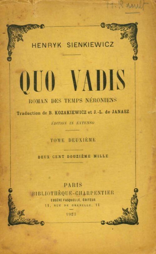 Quo vadis Tome II - Henryk Sienkiewicz -  Bibliothèque charpentier - Livre
