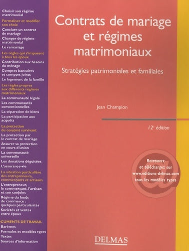Livrenpoche : Contrats de mariage et régimes matrimoniaux : Stratégies patrimoniales et familiales - Jean Champion - Livre