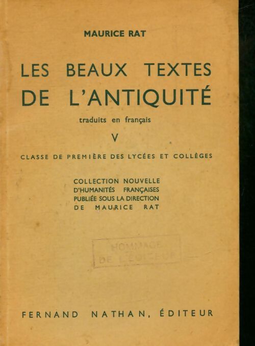 Livrenpoche : Les beaux textes de l'Antiquité Tome V 1ère - Maurice Rat - Livre