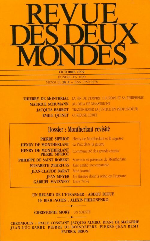 Livrenpoche : Revue des deux mondes Octobre 1992 - Collectif - Livre