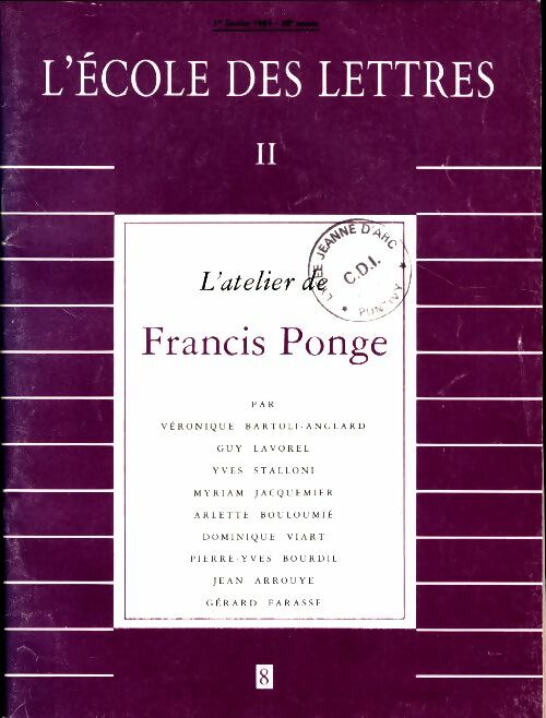 Livrenpoche : L'école des lettres II n°8 : L'atelier de Francis Ponge - Collectif - Livre