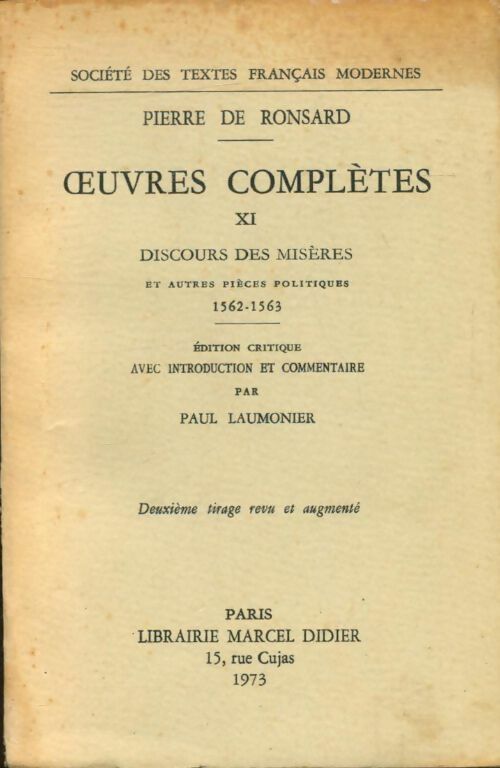 Livrenpoche : Oeuvres complètes Tome XI - Pierre De Ronsard - Livre
