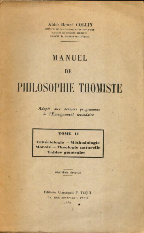 Livrenpoche : Manuel de philosophie thomiste Tome II - Henri Collin - Livre