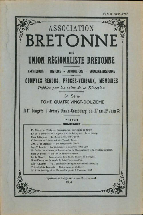 Livrenpoche : Association bretonne et union régionaliste bretonne 1983 Tome XCII - Collectif - Livre