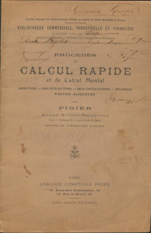 Livrenpoche : Procédés de calcul rapide et de calcul mental - Pigier - Livre