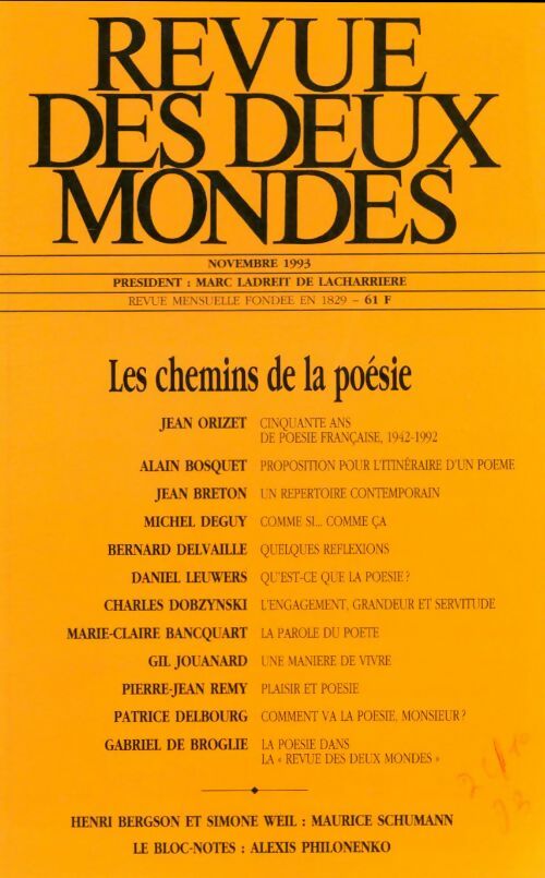 Livrenpoche : Revue des deux mondes Novembre 1993 - Collectif - Livre