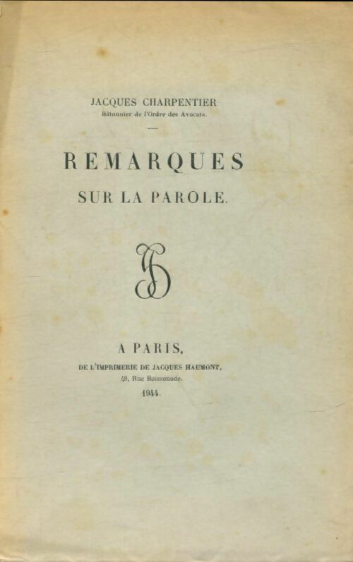 Livrenpoche : Remarques sur la parole - Jacques Charpentier - Livre