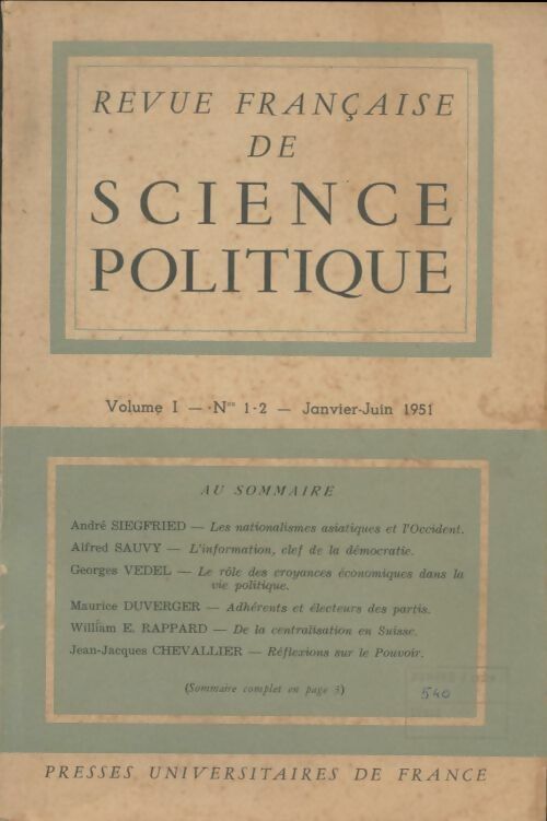 Livrenpoche : Revue française de sience politique Volume I n°1-2 1951 - Collectif - Livre